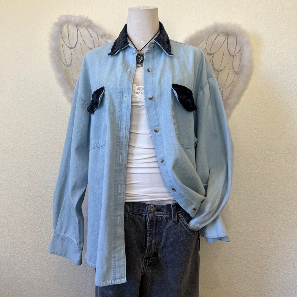 Whimsigoth Velvet Oversized Denim Shirt Button Up Long Sleeve 80s Blue‎ Black
